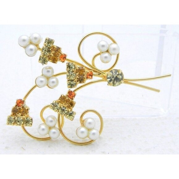 VTG Gold Tone Faux Pearl Yellow Orange Rhinestone Flower Pin Brooch - Picture 1 of 3